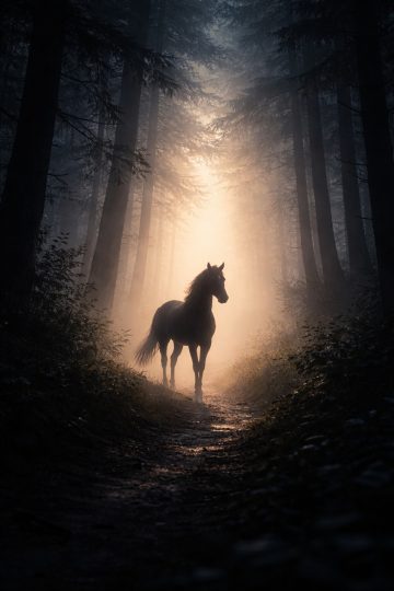 Horse on a Foggy Forest Path with Soft Light Wallpaper