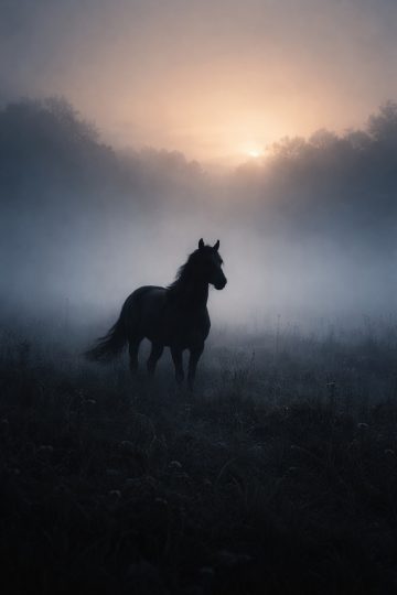 Horse Standing in a Misty Meadow at Sunrise Wallpaper