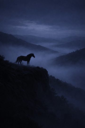 Horse Silhouette on a Foggy Mountain Cliff Wallpaper