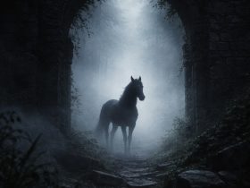 horse standing beneath an old stone arch ruin in a misty forest with cool diffused light filtering through fog