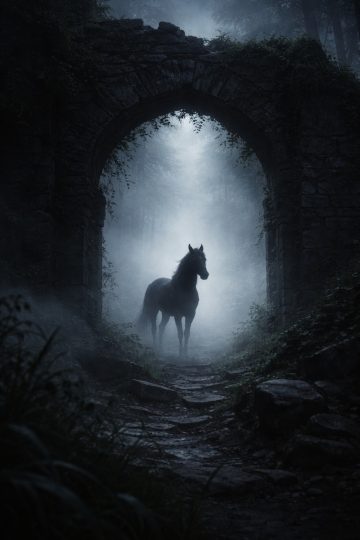 Horse Beneath a Foggy Stone Arch Ruin Wallpaper
