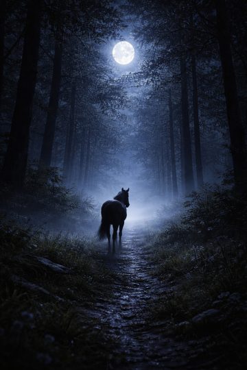 Horse Walking Along a Moonlit Forest Path Wallpaper