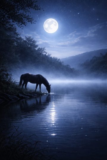 Horse Drinking by a Moonlit Lake Wallpaper