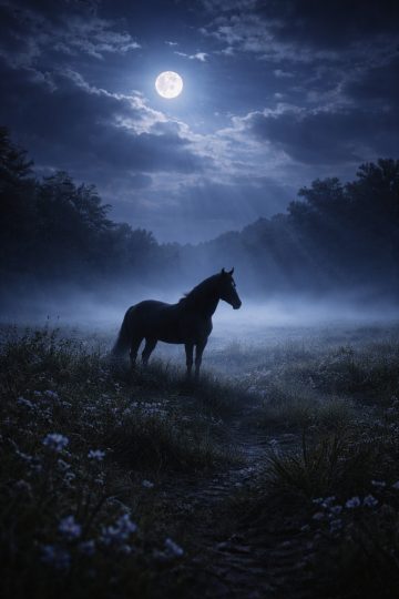 Horse Standing in a Moonlit Meadow with Mist Wallpaper