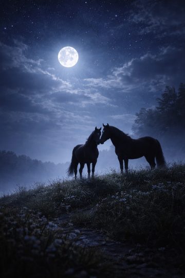 Two Horses on a Moonlit Hilltop Wallpaper