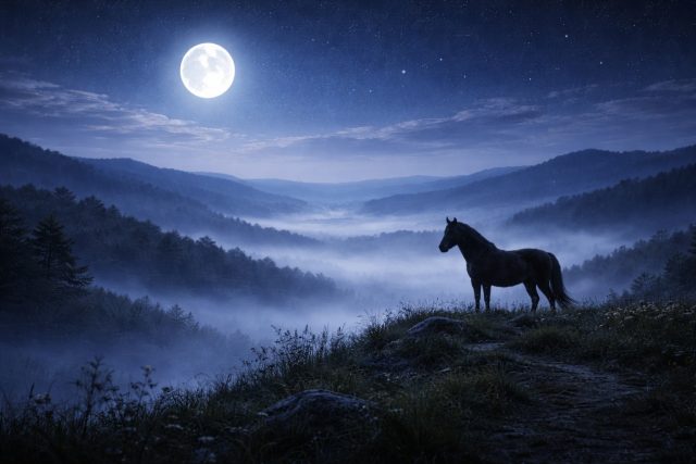 Horse Overlooking a Moonlit Valley Wallpaper