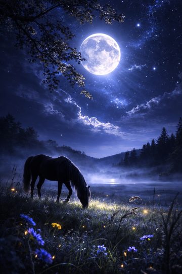 Horse Grazing in a Moonlit Wildflower Field Wallpaper