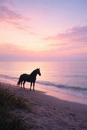 Horse Walking Along a Pastel Sunrise Beach Wallpaper