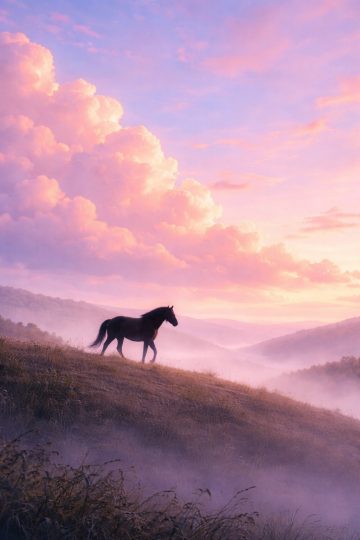 Horse on a Pastel Hilltop at Sunrise Wallpaper