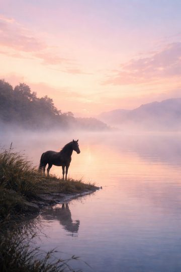 Horse Standing by a Pastel Sunrise Lake Wallpaper