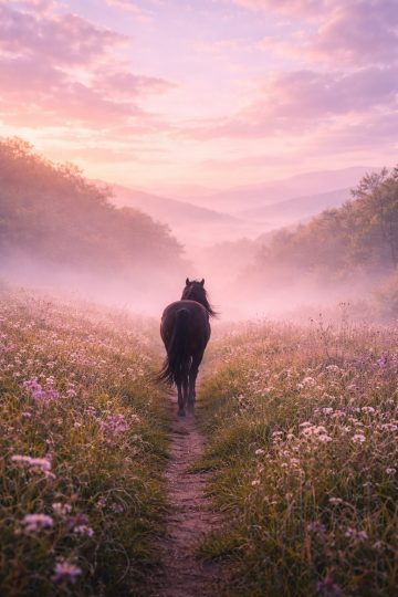 Horse Walking Along a Flower Meadow Path Wallpaper