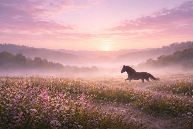 Horse Running Across a Pastel Meadow Landscape Wallpaper