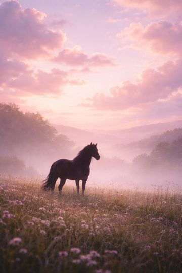 Horse in a Pastel Misty Meadow at Sunrise Wallpaper