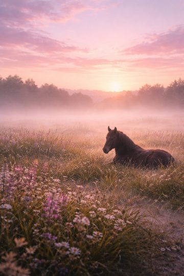Horse Resting in a Misty Pastel Meadow Wallpaper