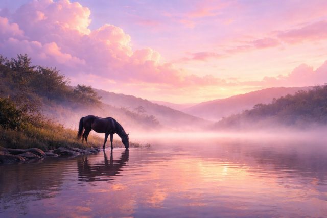 Horse Drinking from a Pastel Sunrise River Wallpaper