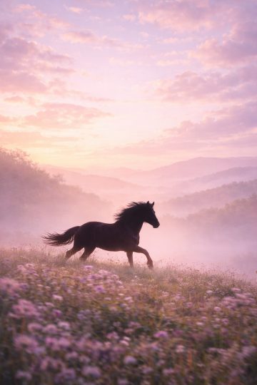 Horse Running Through a Pastel Wildflower Meadow Wallpaper