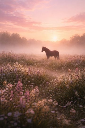 Horse in a Wildflower Meadow at Pastel Sunrise Wallpaper