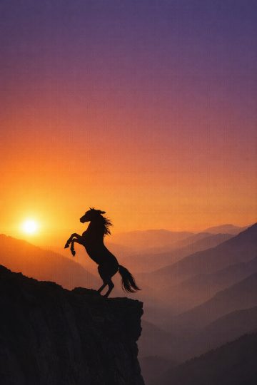 Rearing Horse on a Cliff at Sunset Wallpaper