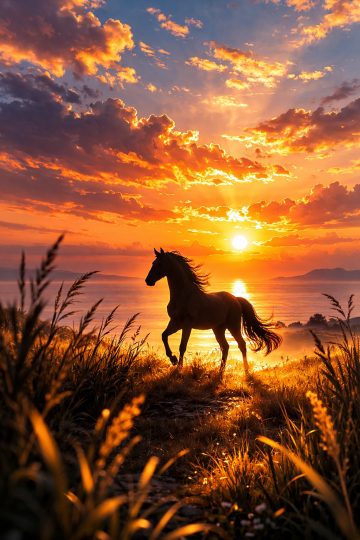 Horse in a Golden Coastal Field at Sunset Wallpaper