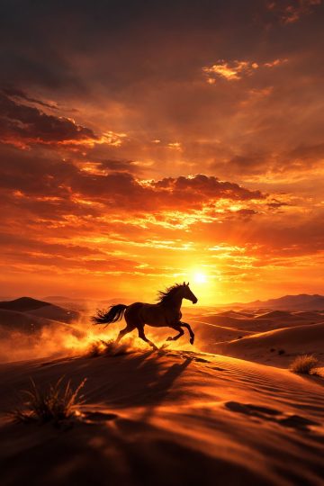 Running Horse Across Desert Dunes at Sunset Wallpaper