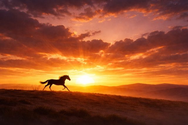 Horse Running Across a Sunset Hill Landscape Wallpaper