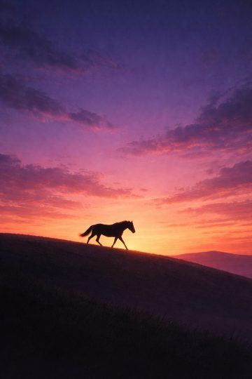 Horse Walking Along a Sunset Ridge Wallpaper