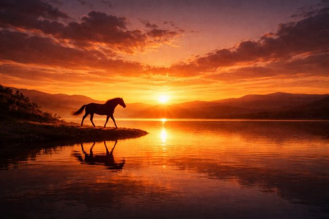 Horse Walking Along a Sunset Lake Reflection Wallpaper