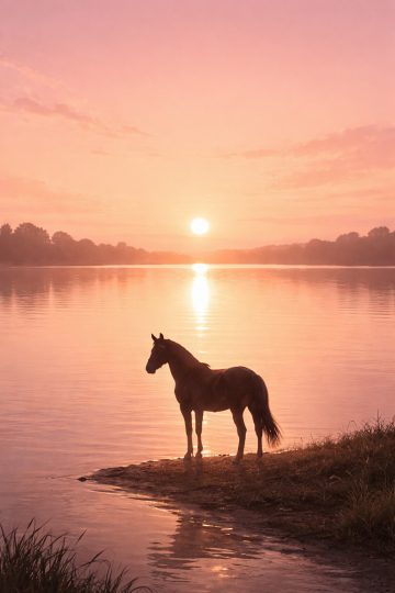 Horse Standing by a Calm Lake at Sunset Wallpaper