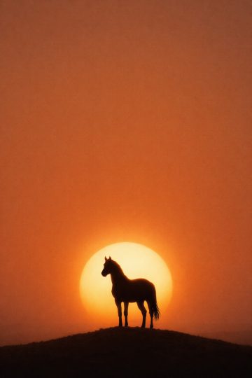 Horse Silhouette on a Hill at Golden Sunset Wallpaper