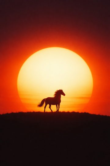 Horse Silhouette Against a Giant Sunset Sun Wallpaper