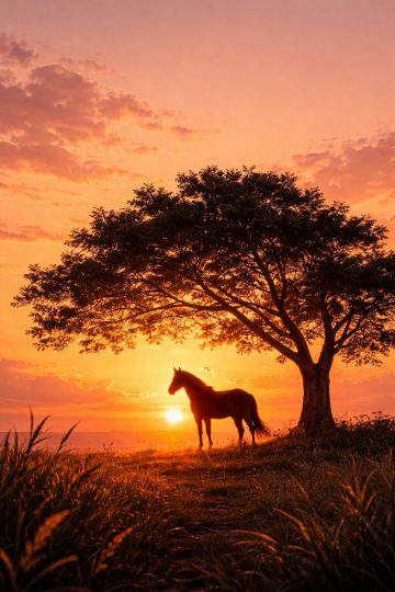 Horse Beneath a Lone Tree at Sunset Wallpaper