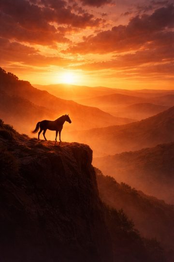 Horse on a Cliff Overlooking a Sunset Valley Wallpaper