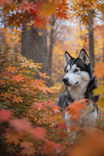 Husky Framed by Colorful Autumn Leaves Wallpaper