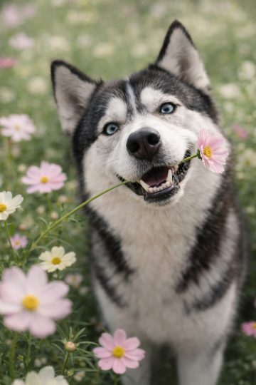 Husky Biting Flower Playful Closeup Wallpaper