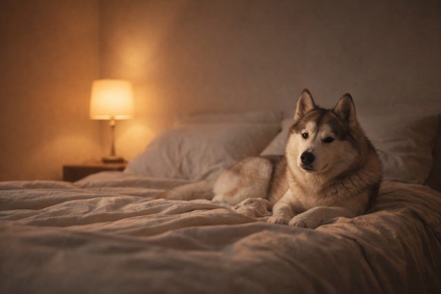 Husky Resting on Bed with Warm Lamp Light Wallpaper