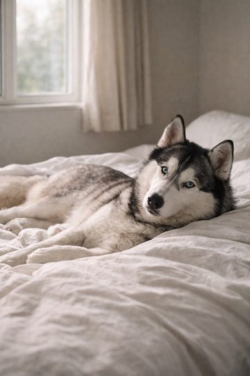Husky Resting on Bed by Window in Soft Daylight Wallpaper