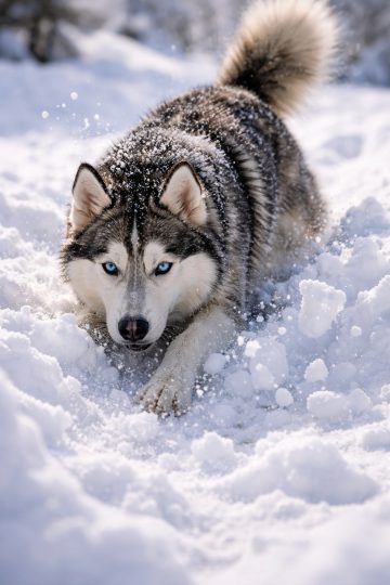 Husky Diving Into Snow Action Wallpaper