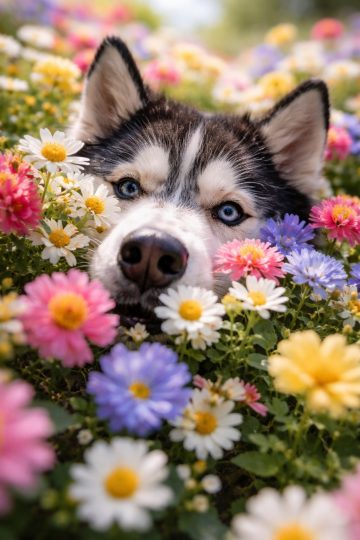 Husky Face Buried In Flowers Colorful Wallpaper