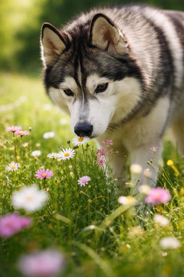 Husky Sniffing Wildflowers in Soft Meadow Light Wallpaper