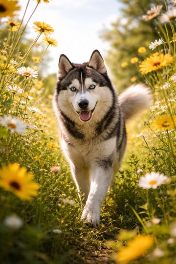 Husky Walking Through Bright Flower Meadow Path Wallpaper
