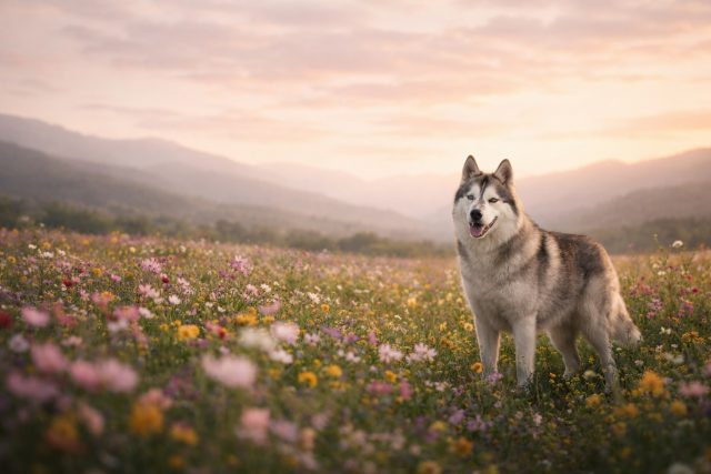 Husky Standing in Wide Flower Meadow Landscape Wallpaper