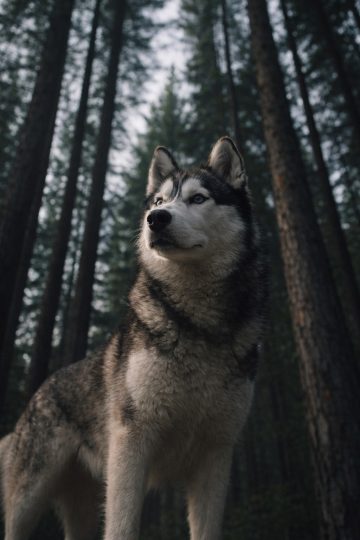 Husky Low Angle View Among Tall Forest Trees Wallpaper