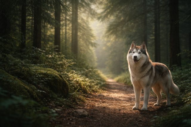 Husky Standing on Sunlit Forest Path Wallpaper