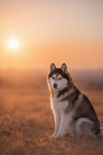 Husky Sitting in Warm Sunset Field Light Wallpaper