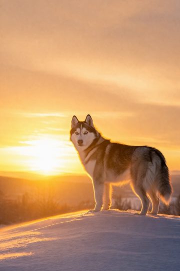 Husky Standing on Snow Ridge at Golden Sunset Wallpaper