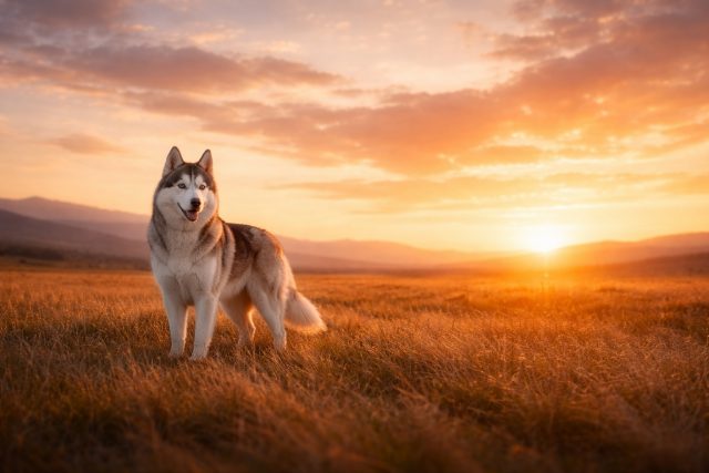 Husky in Wide Golden Field at Sunset Wallpaper