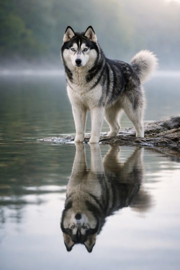 Husky Standing by Calm Lake with Clear Reflection Wallpaper