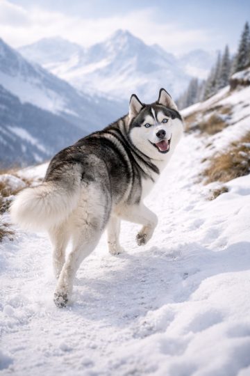 Husky Looking Back on Snow Trail Wallpaper