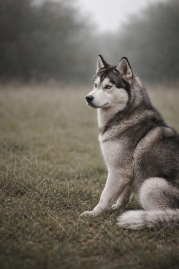 Husky Sitting in Overcast Field Neutral Tones Wallpaper