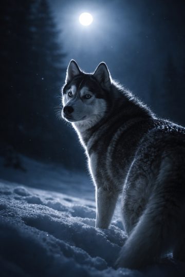 Husky Standing in Snow Under Blue Moonlight Wallpaper